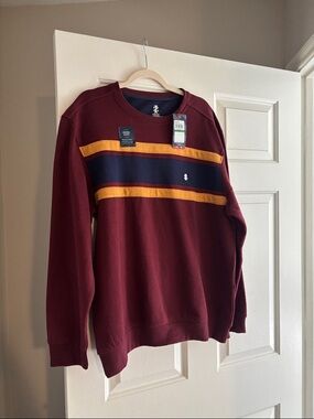 Izod Men's Burgundy Crewneck Sweater with Navy and Gold Stripes